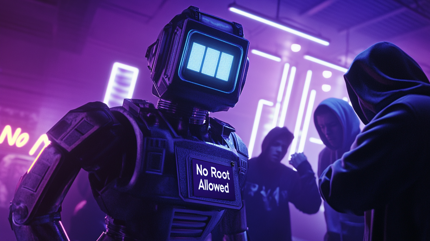 header image: a robot with a sign saying no root allowed